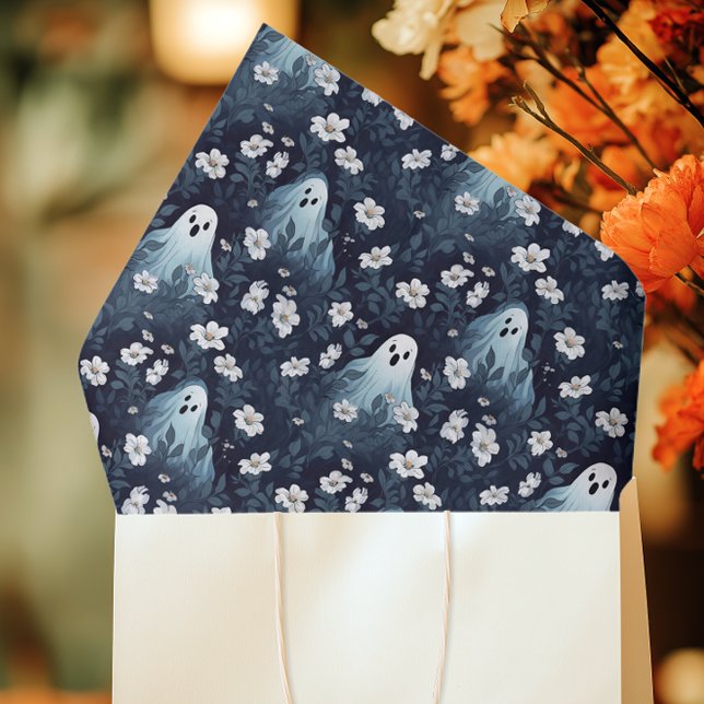 Moody Ghost Halloween Tissue Paper (Dark floral tissue paper with white ghost illustrations styled in a gift bag — ideal for Halloween)