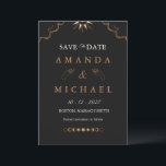 Moody Gold Celestial Starry Night save the date In Invitation<br><div class="desc">Set a mystical tone for your upcoming union with this captivating celestial Save the Date. Featuring a deep charcoal background that evokes the vastness of a starry night, this design is elegantly accented with matte gold foil line art. The intricate illustration of celestial hands, moon phases, and a radiant sun...</div>