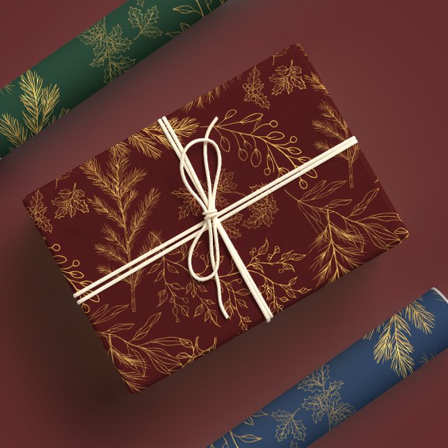 Moody Gold & Jewel Toned Rustic Winter Botanicals Wrapping Paper Sheet (Creator Uploaded)