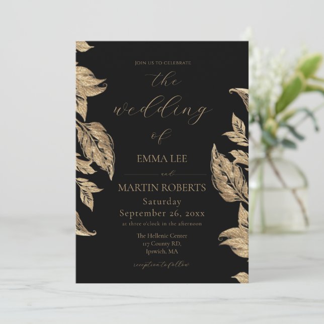Moody Gold Leafs Elegant Calligraphy Wedding Invitation (Standing Front)