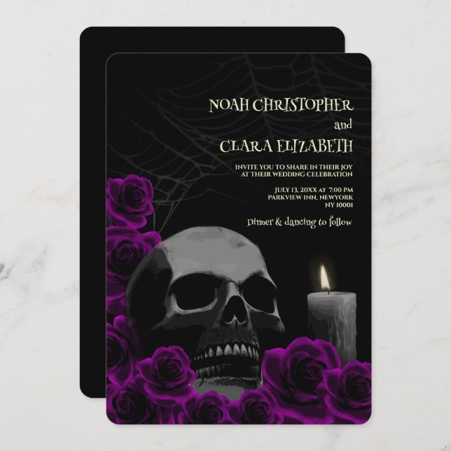 Moody Gothic Black Purple Roses Halloween Skull Invitation (Front/Back)