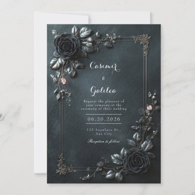 Moody Gothic Black Rose Floral Frame Wedding Invitation (Front)