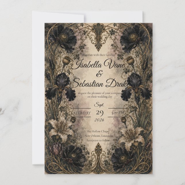 Moody Gothic Botanical Wedding Invitation (Front)