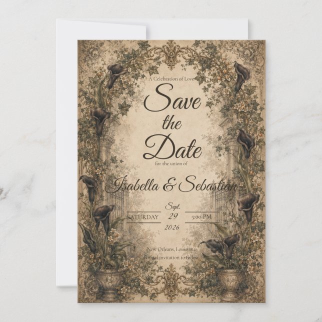 Moody Gothic Botanical Wedding Save The Date (Front)