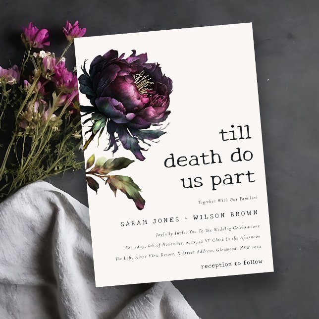 Moody Gothic Dark Purple Black Peony Wedding Invitation (Creator Uploaded)
