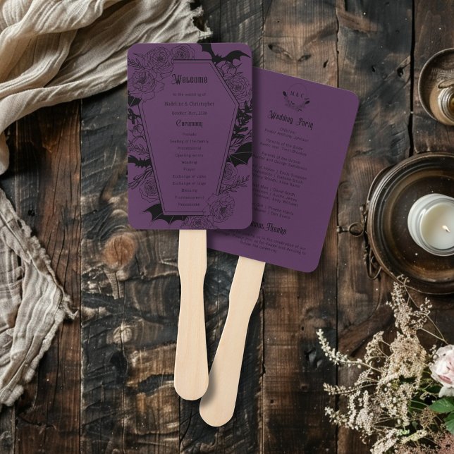 Moody Gothic Floral Coffin Wedding Program Purple Hand Fan (Creator Uploaded)