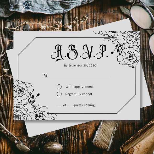 Moody Gothic Floral Grey Wedding RSVP Cards (Creator Uploaded)