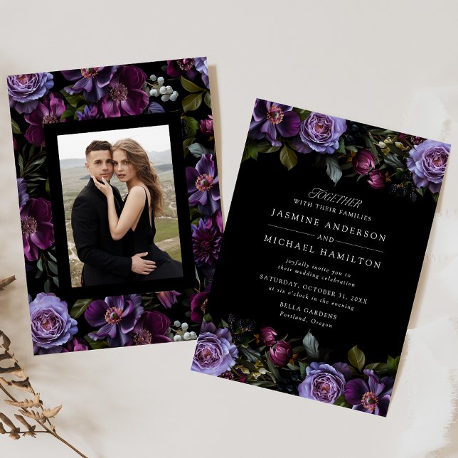 Moody Gothic Floral Photo Wedding Invitation (Creator Uploaded)
