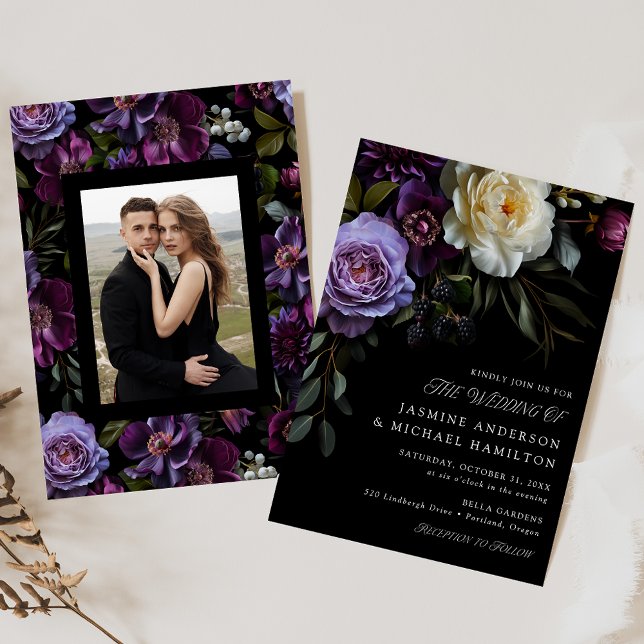 Moody Gothic Floral Photo Wedding Invitation (Creator Uploaded)