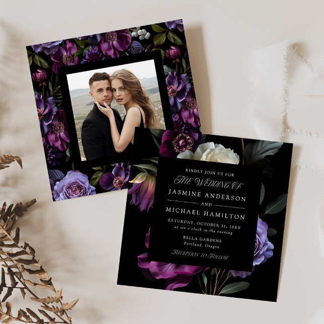 Moody Gothic Floral Square Photo Wedding Invitation (Creator Uploaded)