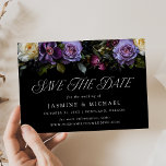 Moody Gothic Floral Wedding Save The Date<br><div class="desc">Elegant moody floral wedding save the dates featuring a top border of purple, ivory, and burgundy flowers with lush green foliage and dark berries. "Save The Date" is displayed in elegant, modern typography. Personalise the purple floral save the dates with your names, wedding date and location, and wedding website. The...</div>