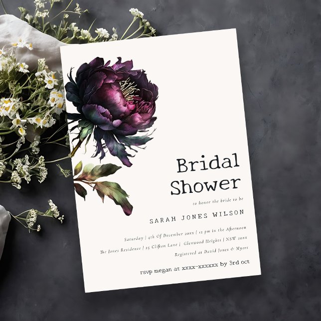 Moody Gothic Purple Black Peony Bridal Shower Invitation (Creator Uploaded)