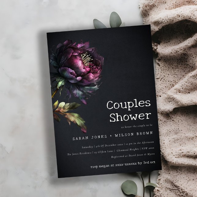 Moody Gothic Purple Black Peony Couples Shower Invitation (Creator Uploaded)