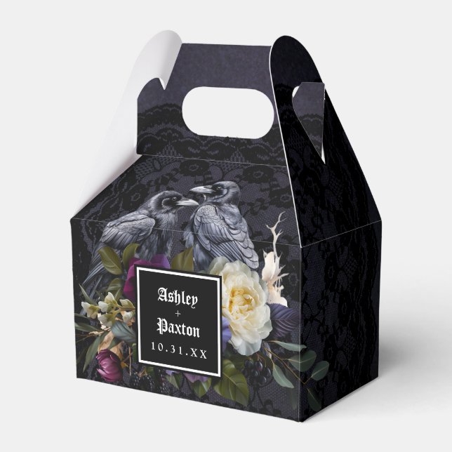 Moody Gothic Purple Floral Bouquet on Black Lace Favour Box (Front Side)