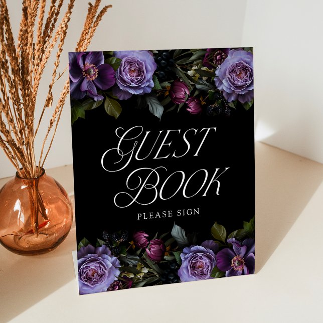 Moody Gothic Purple Floral Wedding Guest Book Pedestal Sign (Creator Uploaded)