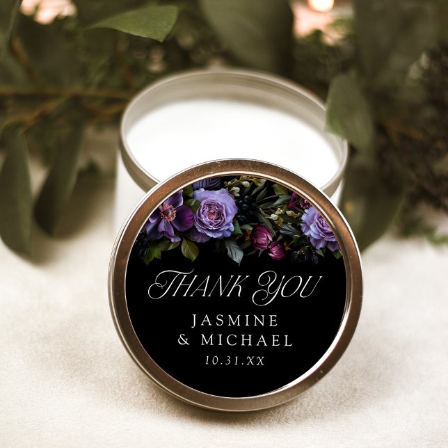 Moody Gothic Purple Floral Wedding Thank You Classic Round Sticker (Creator Uploaded)