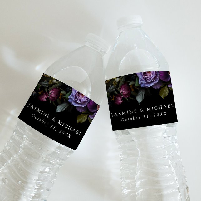Moody Gothic Purple Floral Wedding Water Bottle Label (Creator Uploaded)