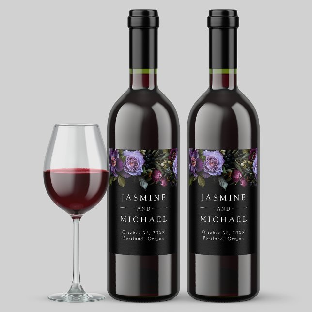 Moody Gothic Purple Floral Wedding Wine Label (Creator Uploaded)