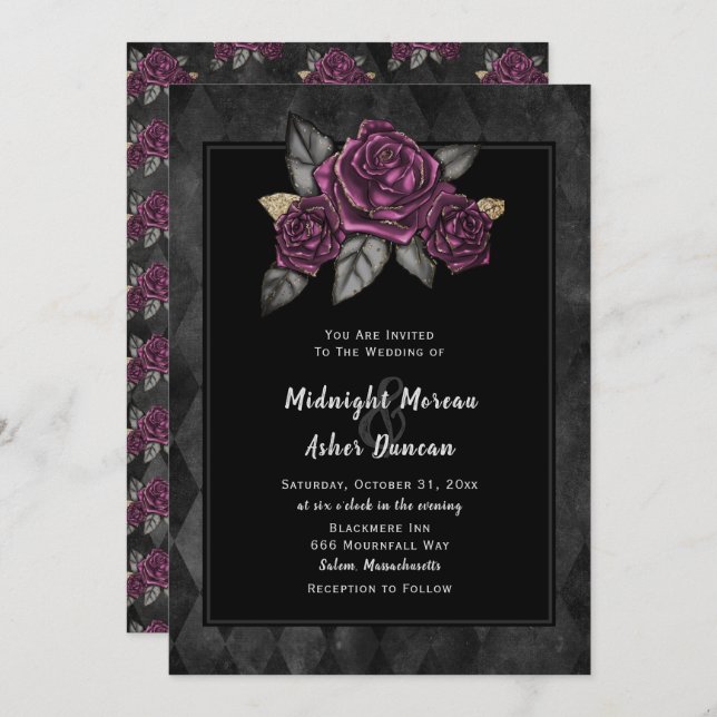 Moody Gothic Rose Black Wedding Invitation (Front/Back)