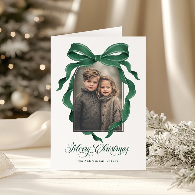 Moody Green Bow Custom Photo Christmas Holiday Card (Creator Uploaded)