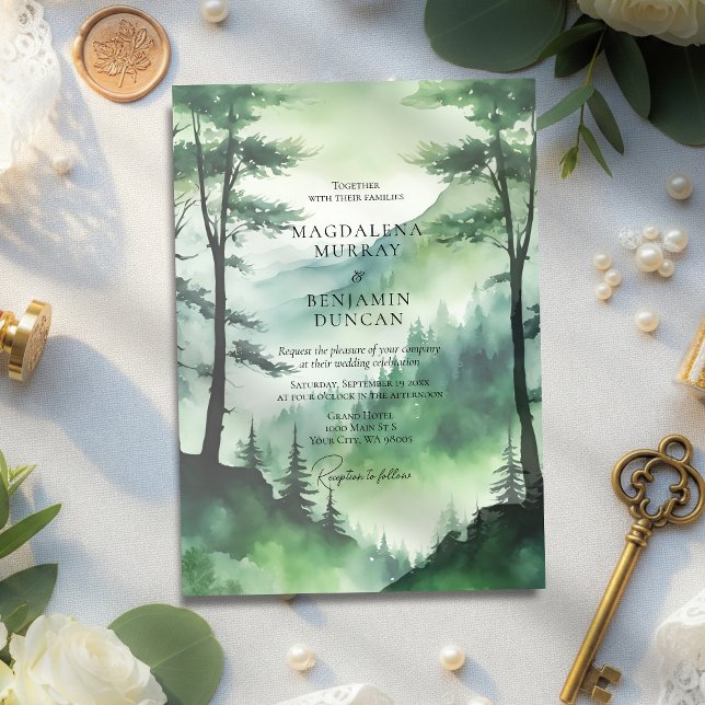 Moody Green Mountain Pine Tree Fir Forest Wedding Invitation (Creator Uploaded)