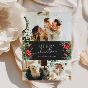 Moody Grey Modern Script 3 Photo Merry Christmas Holiday Card