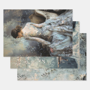 Moody Greys Elegant Woman's Back Blossoms Damask Wrapping Paper Sheet