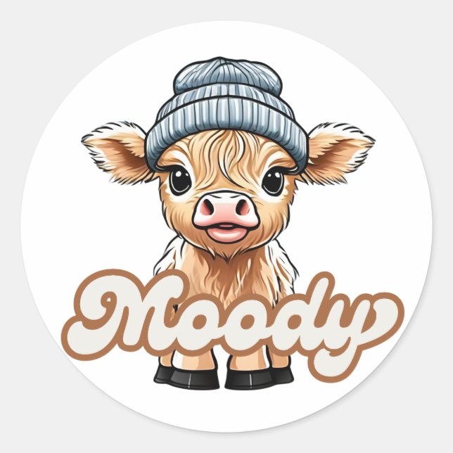 Moody Highland Cow Classic Round Sticker (Front)