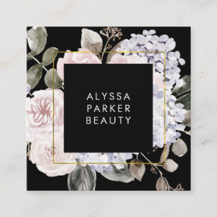 Moody Hydrangea Watercolor Floral on Black Square Business Card