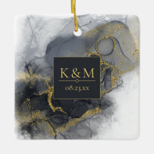Moody Ink Charcoal Gold Abstract Blk ID988 Ceramic Ornament