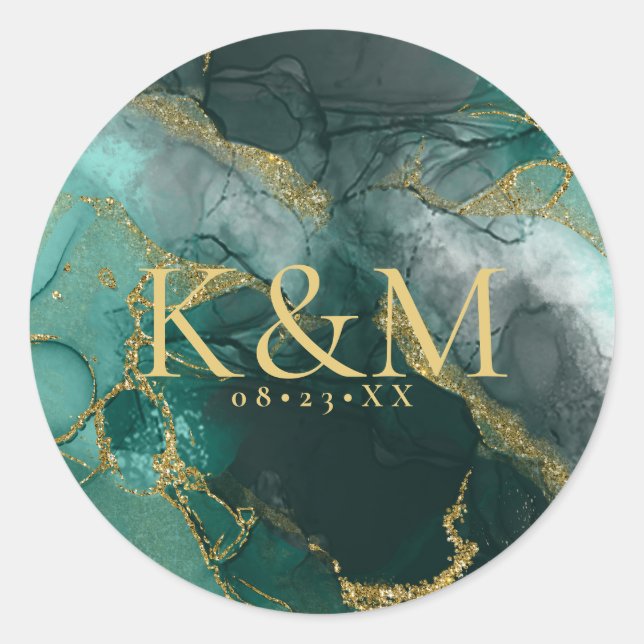 Moody Ink Emerald Gold Abstract ID988 Classic Round Sticker (Front)