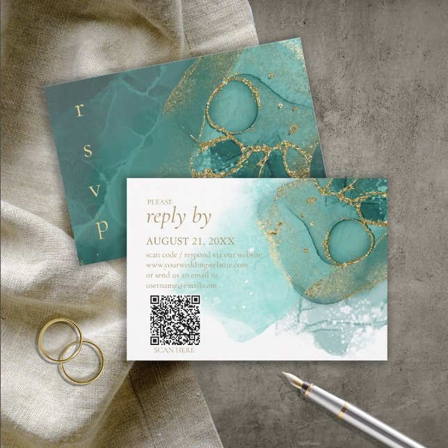 Moody Ink Emerald Gold Abstract ID988 RSVP Card (Creator Uploaded)