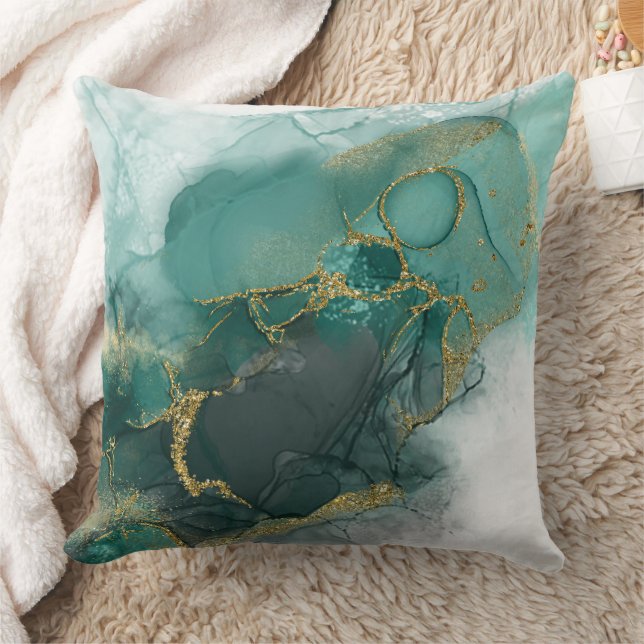 Moody Ink Emerald Gold Abstract Wht ID988 Cushion (Blanket)
