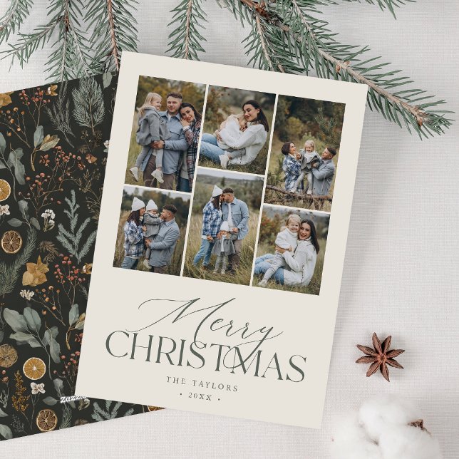 Moody Ivory & Green Multi Photo Holiday Card (Creator Uploaded)