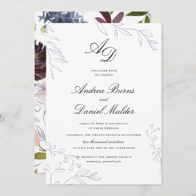 Moody Jewel Tone Floral Wedding Invitation (Front/Back)