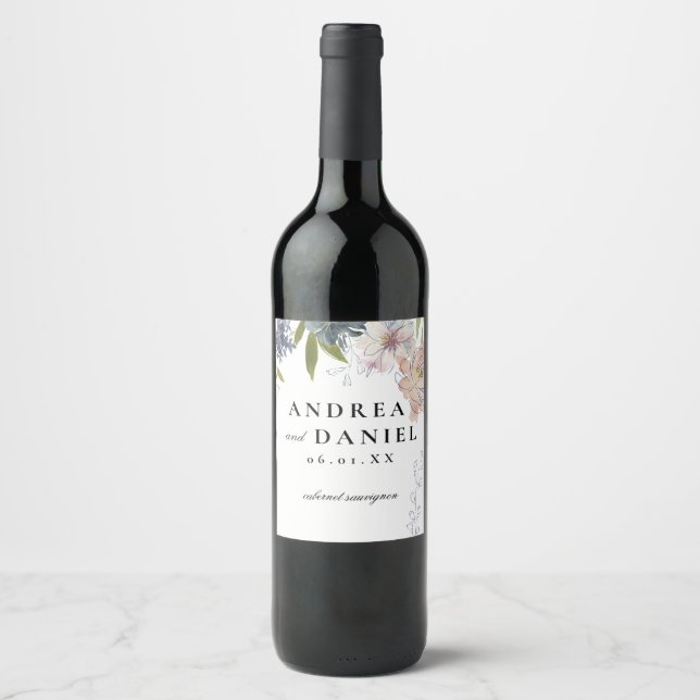 Moody Jewel Tone Floral Wedding Wine Label (Front)