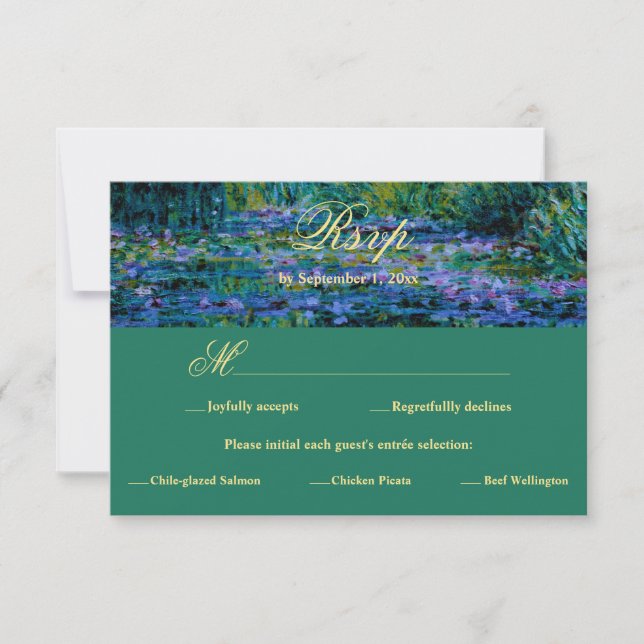 Moody Jewel Tone Monet Lily Pond Art Wedding Meal RSVP Card (Front)