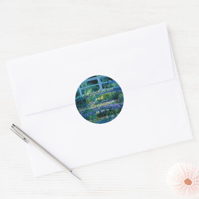 Moody Jewel Tones Monet Lily Pond Fine Art Wedding Classic Round Sticker (Envelope)