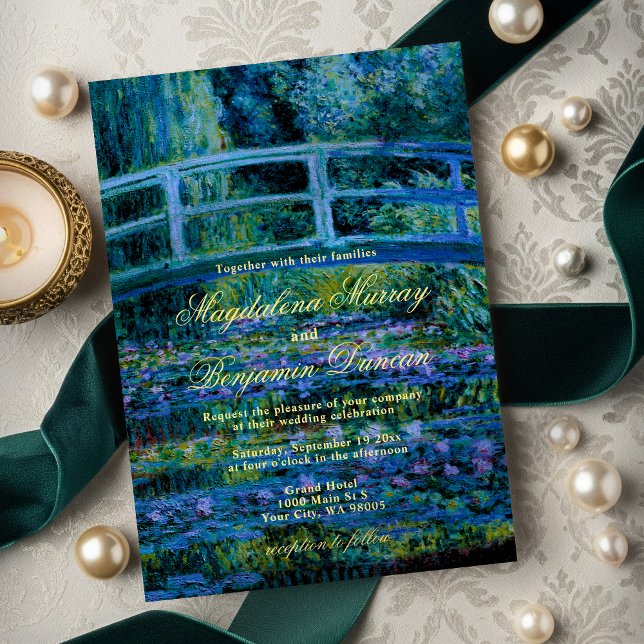 Moody Jewel Tones Monet Lily Pond Fine Art Wedding Invitation (Creator Uploaded)
