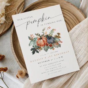Moody Little Pumpkin Fall Floral Birthday Party Invitation