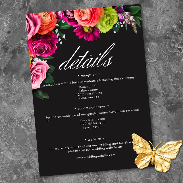 Moody Luxe Floral Vibrant Pink Black Wedding Enclosure Card (Moody Luxe Floral Vibrant Pink Black Wedding Enclosure Card)