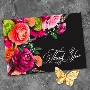 Moody Luxe Floral Vibrant Pink Black Wedding  Thank You Card