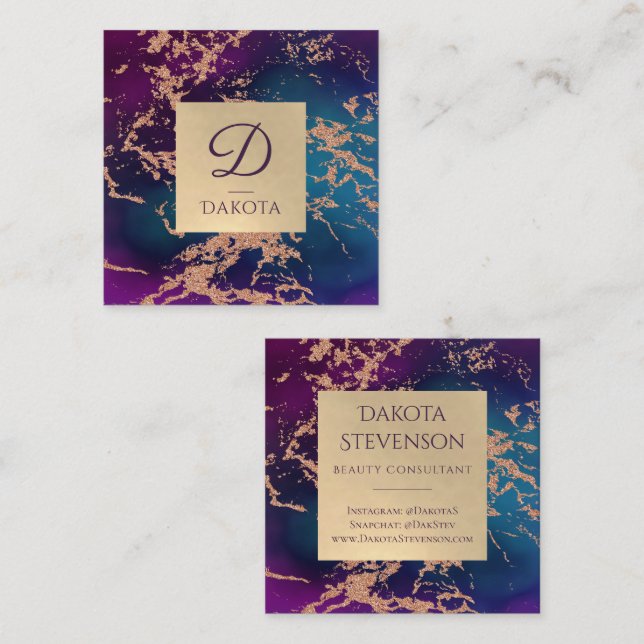 Moody Luxe Marble | Deep Purple and Teal Monogram Square Business Card (Front/Back)