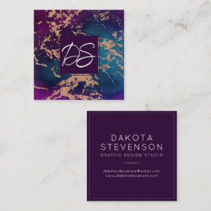 Moody Luxe Marble Deep Purple and Teal Monogram Square Business Card