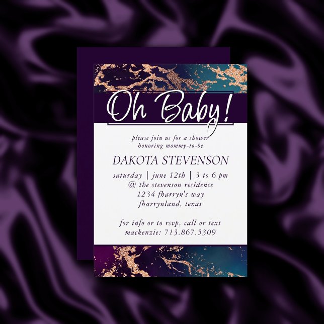 Moody Luxe Marble | Deep Purple and Teal Oh Baby Invitation (Creator Uploaded)