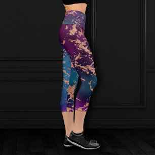 Moody Luxe Marble   Deep Purple and Teal Rose Gold Capri Leggings