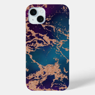 Moody Luxe Marble   Deep Purple and Teal Rose Gold iPhone 15 Mini Case
