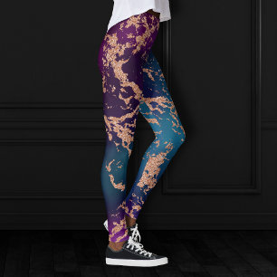 Moody Luxe Marble   Deep Purple and Teal Rose Gold Leggings
