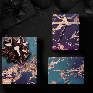Moody Luxe Marble   Deep Purple and Teal Rose Gold Wrapping Paper Sheet