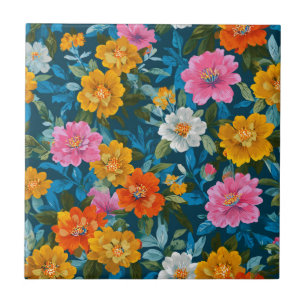 Moody Magenta Yellow Floral Dark Teal Tile